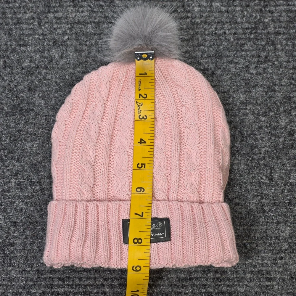 Eddie Bauer Cable Knit Beanie Girl's Pink Faux Fur‎ Pom Pom Fleece Lined Shimmer
